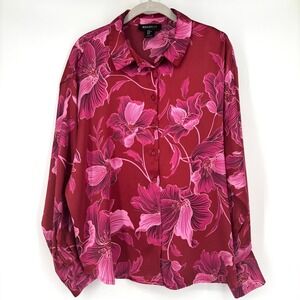 Bailey 44 Satin Floral Button Down Shirt Sz XL Red Pink Long Sleeve Workwear
